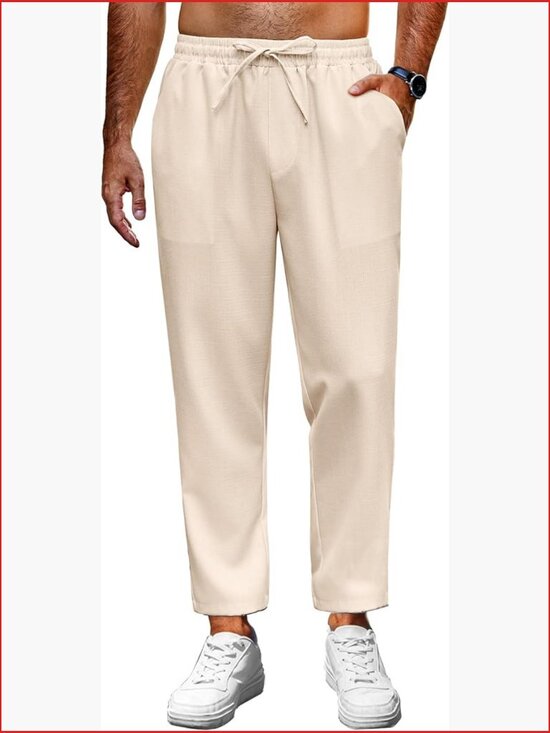 Other - Mens Linen Casual Pants Lightweight Drawstring Beach Pants Elastic Waist Cropped